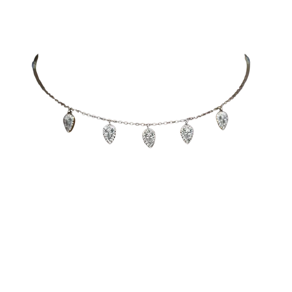 A delicate silver cz zircon teardrop choker necklace with five sparkling clear stone pendants