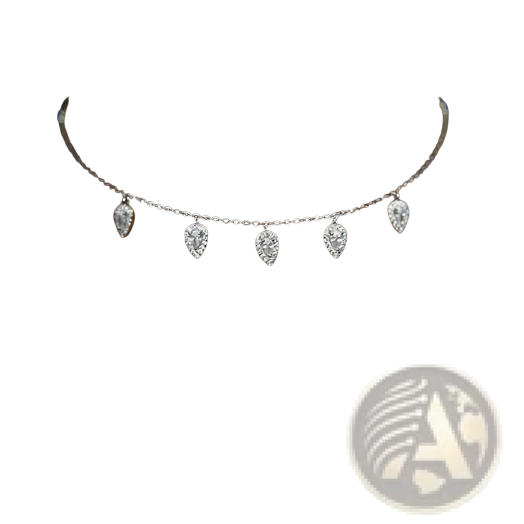 A delicate silver cz zircon teardrop choker necklace with five sparkling clear stone pendants