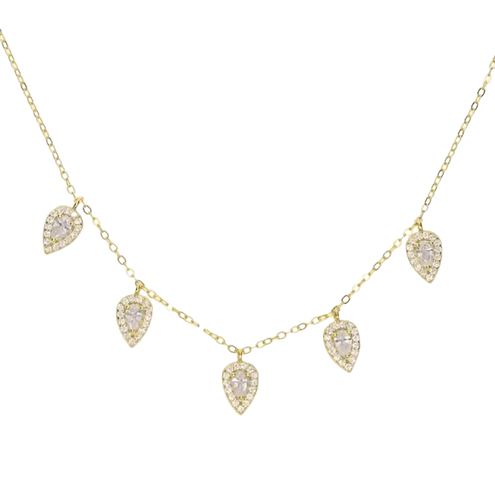 Gold-toned cz zircon teardrop choker necklace with five crystal-encrusted pendants on a delicate chain