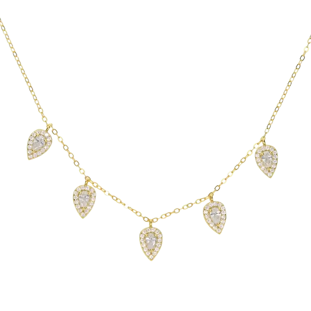 Gold-toned cz zircon teardrop choker necklace with five crystal encrusted pendants on a delicate chain