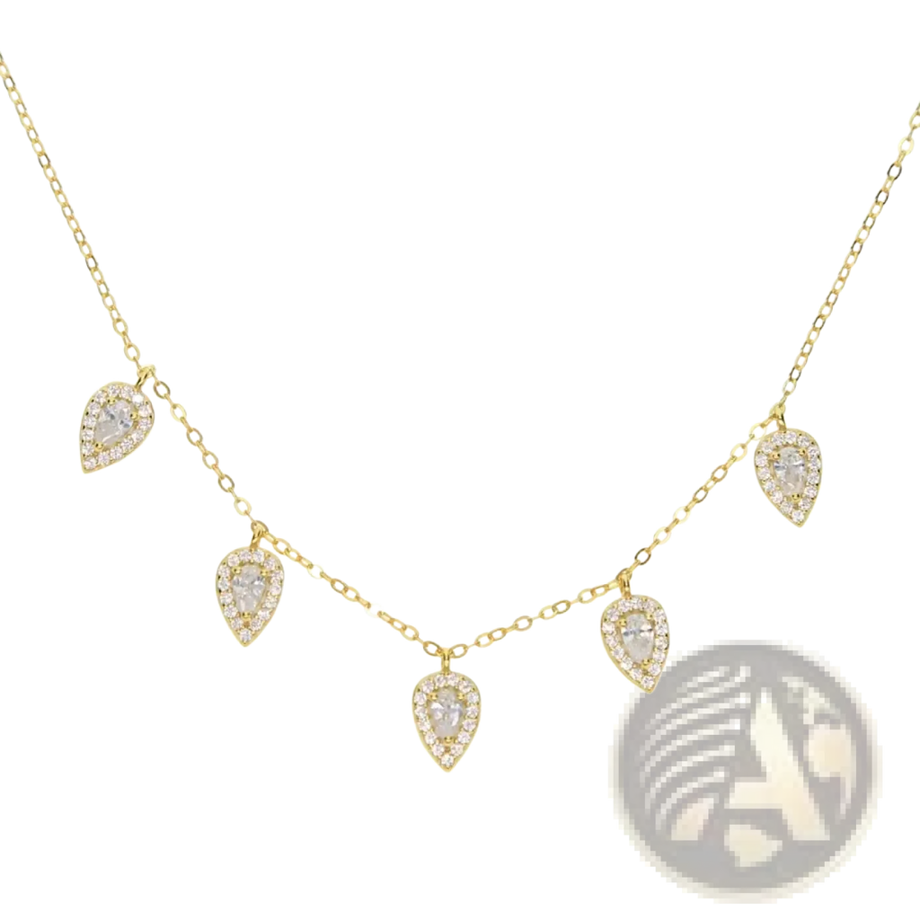 Gold-toned cz zircon teardrop choker necklace with five crystal encrusted pendants on a delicate chain