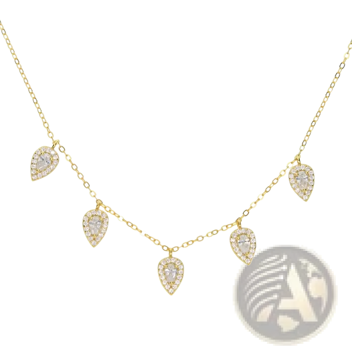 Gold-toned cz zircon teardrop choker necklace with five crystal encrusted pendants on a delicate chain