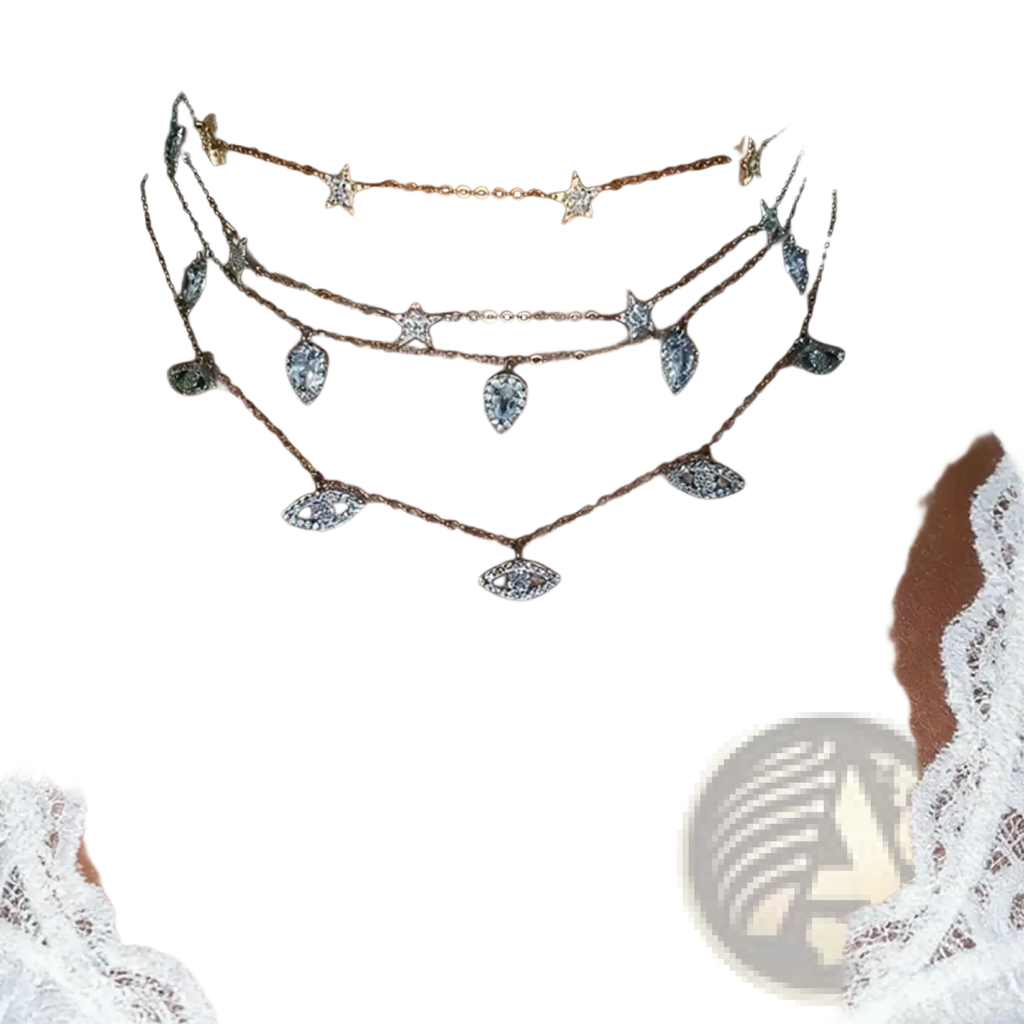A layered gold-toned cz zircon teardrop choker necklace with sparkling star and eye-shaped charms