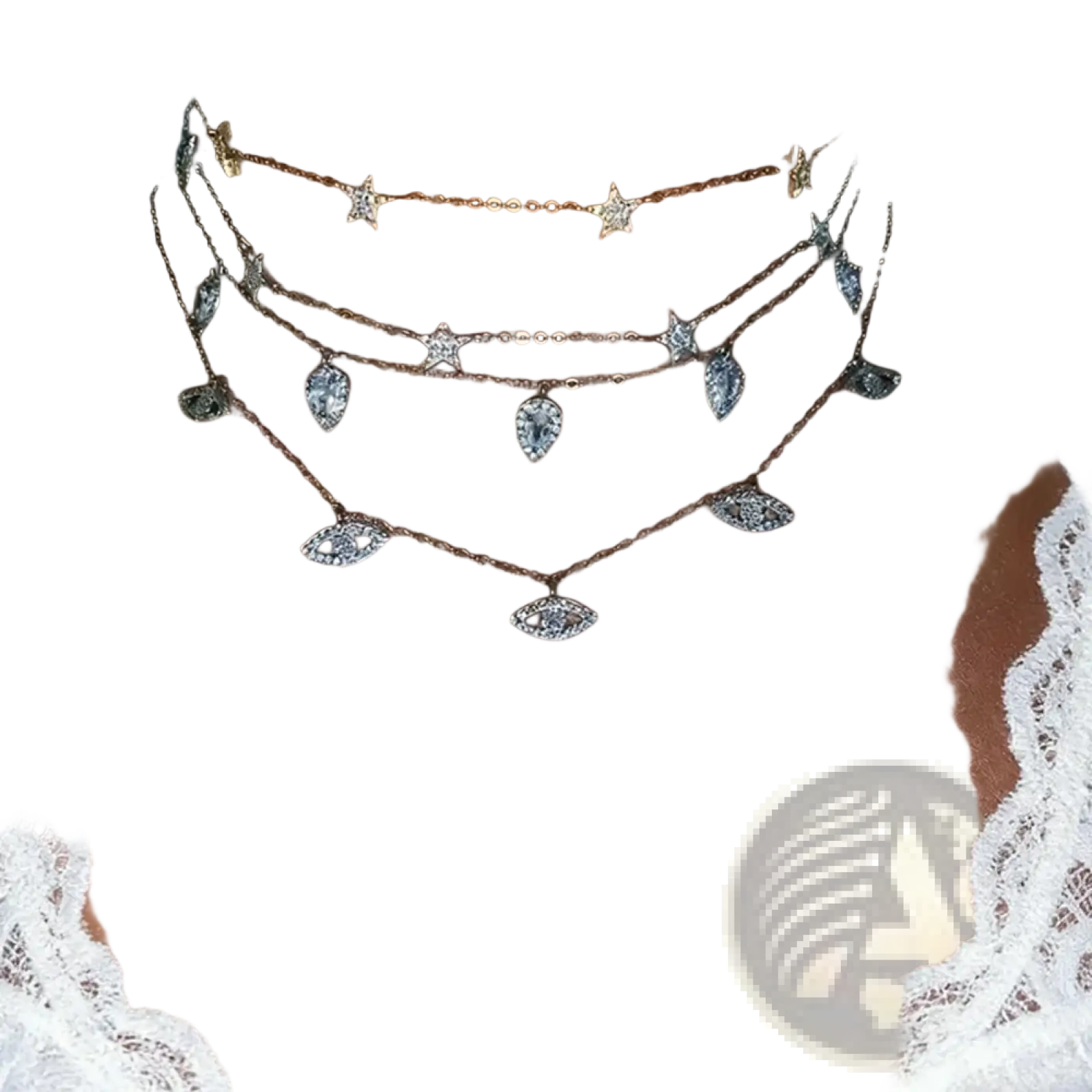A layered gold-toned cz zircon teardrop choker necklace with sparkling star and eye-shaped charms