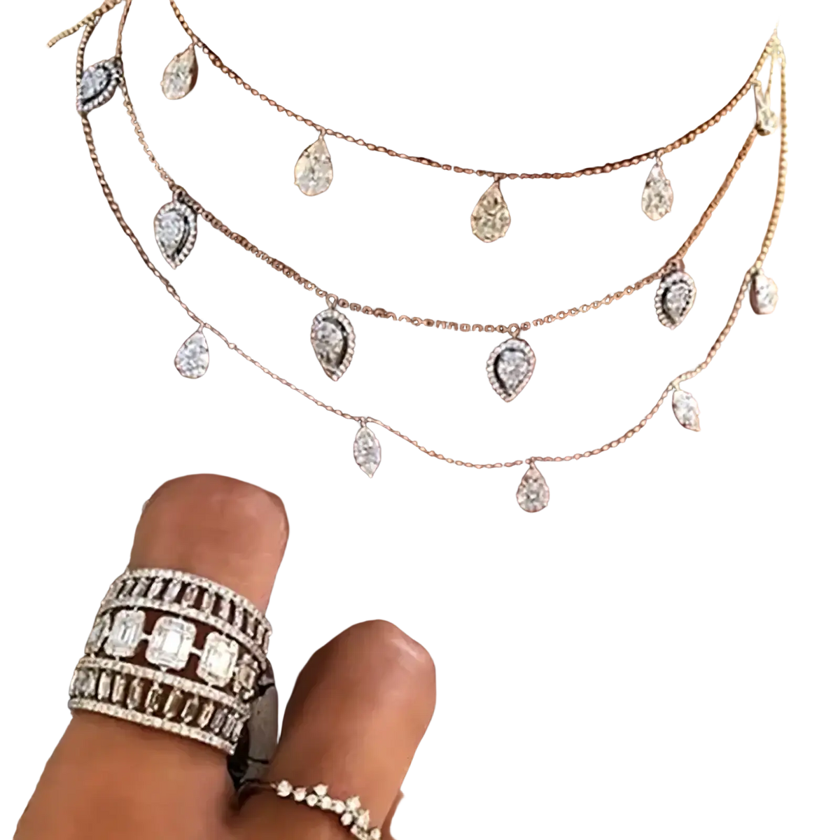 Layered rose gold cz zircon teardrop choker necklaces with sparkling pear-shaped and teardrop-cut diamonds