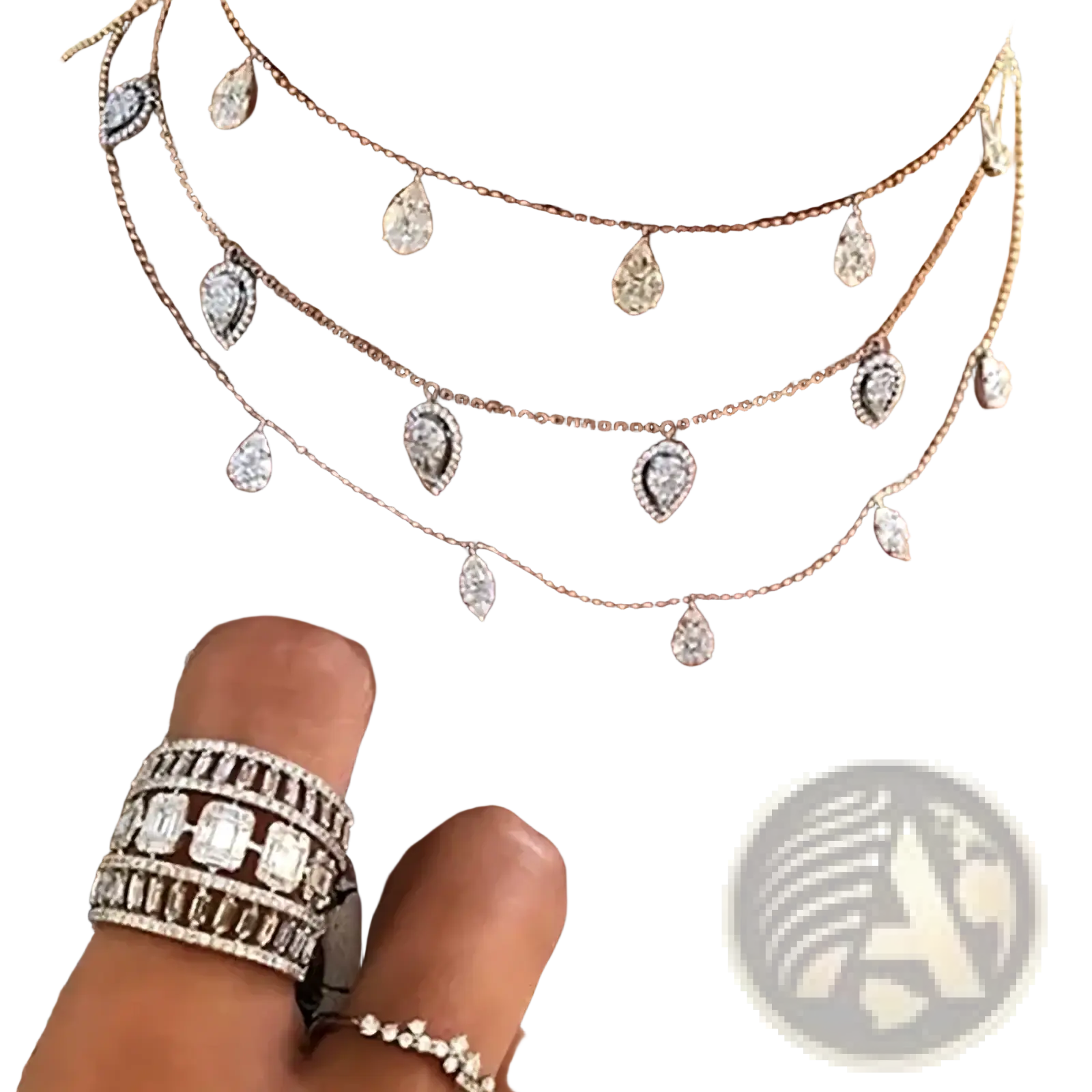 Layered rose gold cz zircon teardrop choker necklaces with sparkling pear-shaped and teardrop-cut diamonds