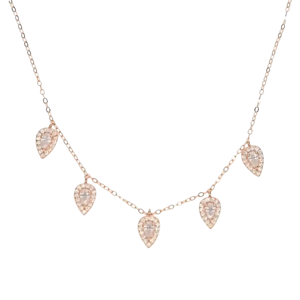 Rose gold cz zircon teardrop choker necklace with five pendants featuring clear central stones and sparkling accents