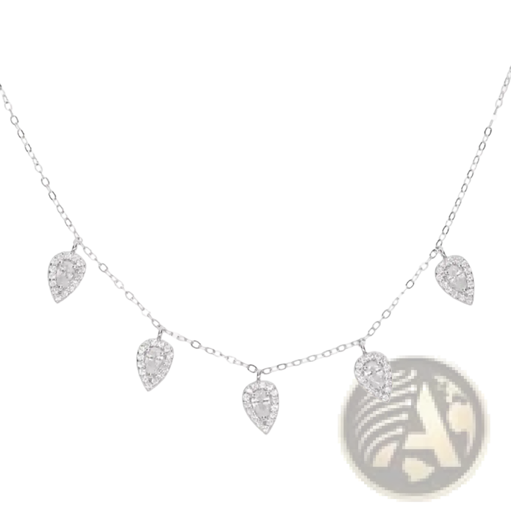 Silver cz zircon teardrop choker necklace with five clear stone encrusted pendants on a delicate chain