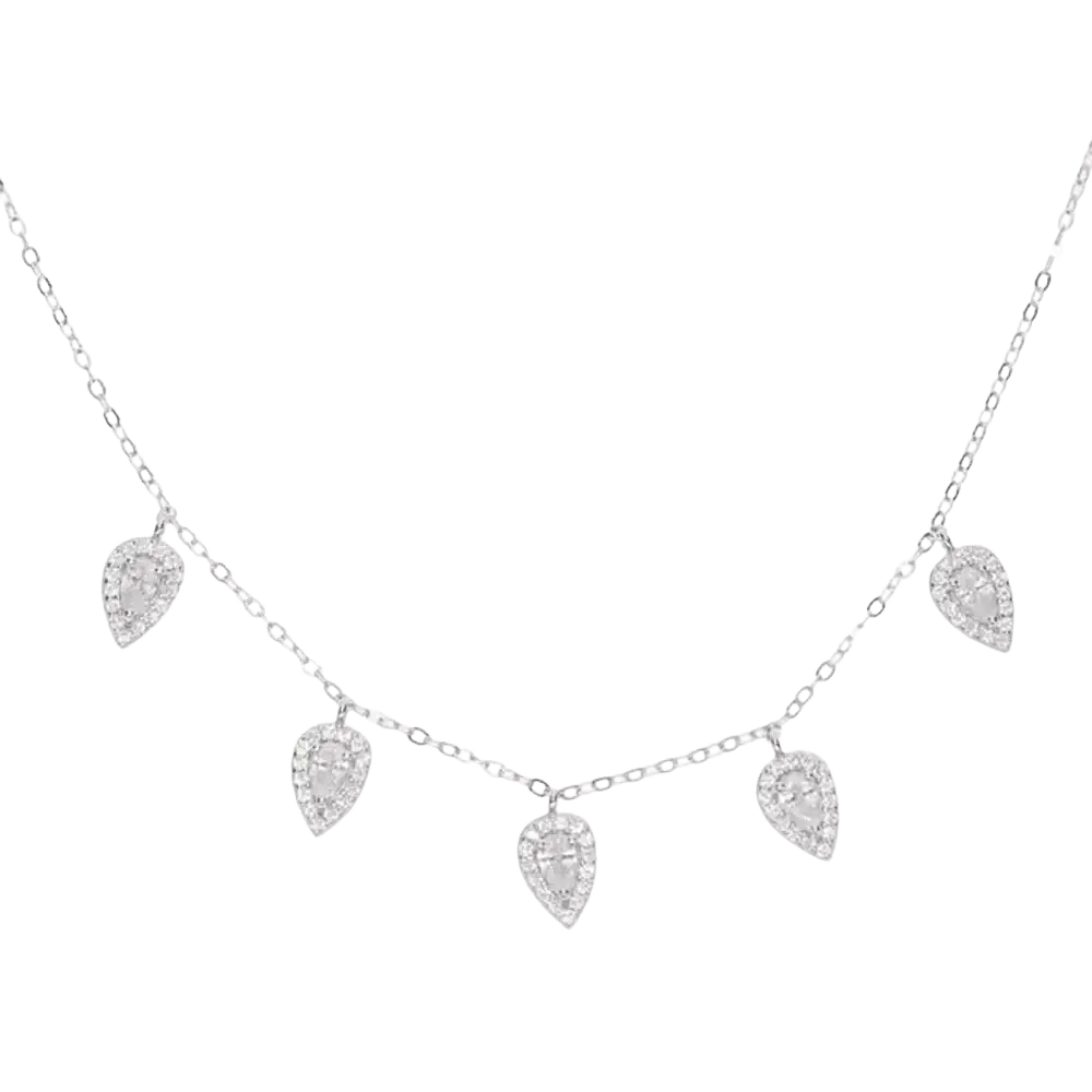 Silver cz zircon teardrop choker necklace with five clear stone encrusted pendants on a delicate chain
