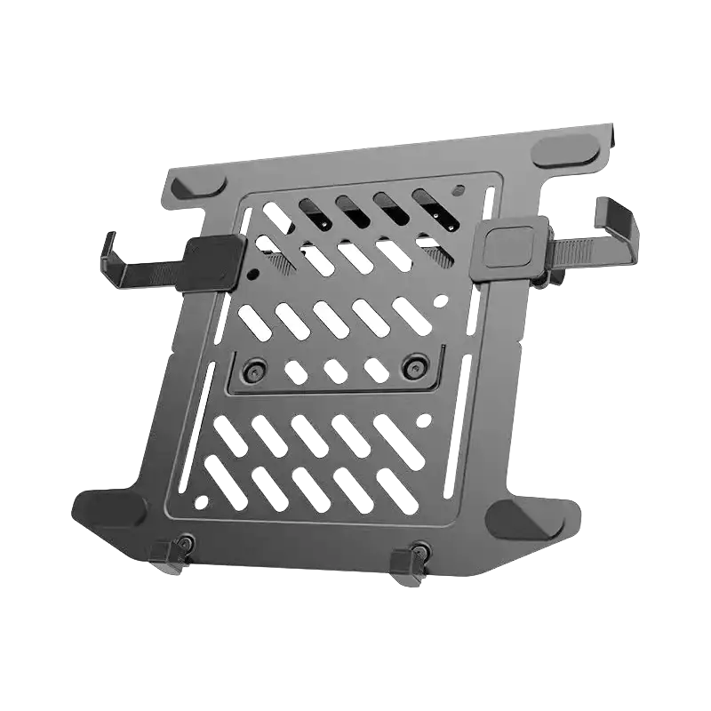 Black d-mount laptop desk mount stand with perforated metal design and adjustable clamps for 10 to 17 inch laptops
