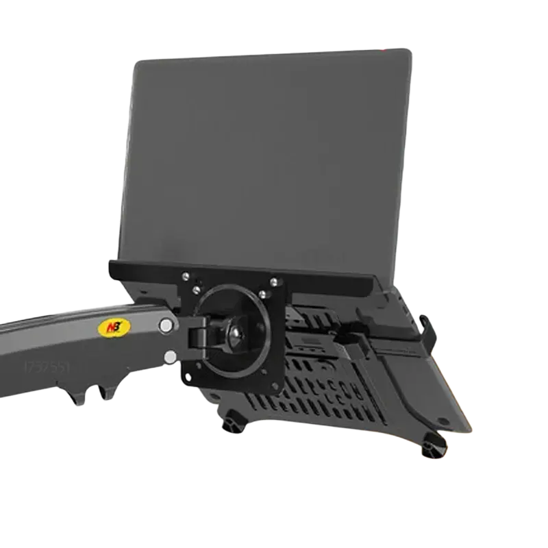 Black plastic d-mount laptop desk mount stand with adjustable arm and ventilation slots for 10 to 17 inch laptops