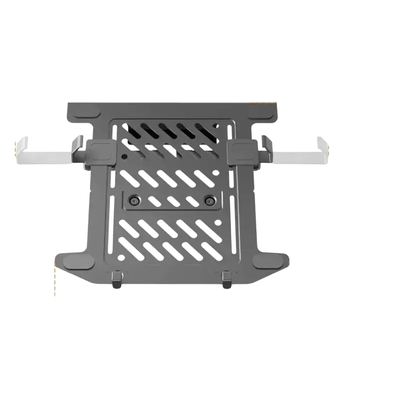 Gray metallic d-mount laptop desk mount stand with slatted design and adjustable arms for 10 to 17 inch laptops