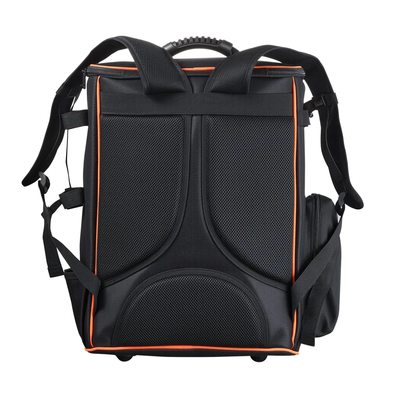 Vevor 35.6l heavy duty welding backpack in black and orange with mesh panels adjustable straps and top handle shown from the back side.