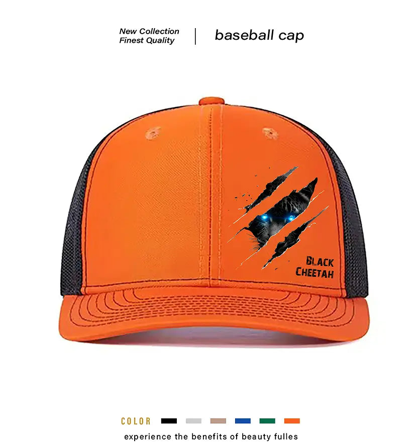 Bright orange and black trucker baseball cap made of polyester featuring a black cheetah graphic with glowing blue eyes peeking through torn fabric labeled black cheetah for casual men’s wear.