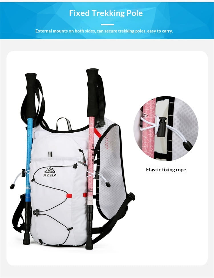 White azela hydration backpack lightweight running vest 20l with black straps red accent details and elastic fixing ropes for secure trekking pole storage viewed from the back side.