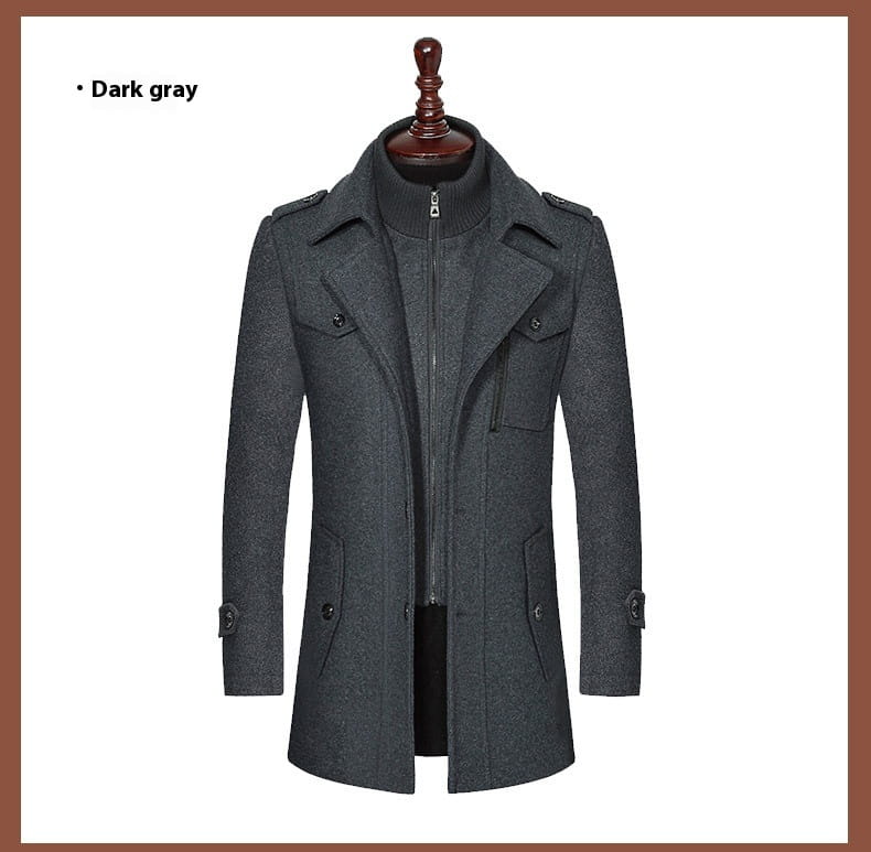 dark gray woolen trench coat for men featuring a high collar flap pockets and black buttons in a zipper jacket style.