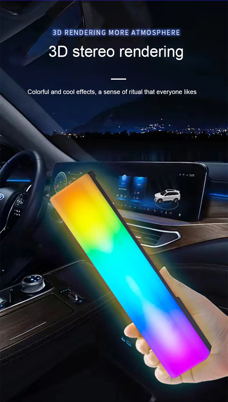 RGB-Rhythmus-Lichtleiste mit sprachaktivierter Gaming-Lampe mit elegant rechteckigem Design und einer lebendigen Regenbogenverlauf-LED-Anzeige.