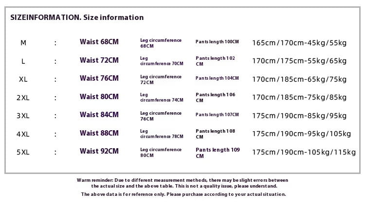 Size information chart for wide leg striped track pants showing measurements in centimeters and weight ranges by size from m to 5xl.