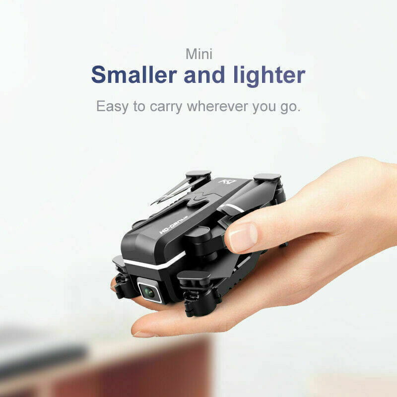 Drone à air quad pliable noir, compact et élégant, avec accents blancs discrets, équipé de deux caméras HD 4K et des fonctions de quadricoptère radiocommandé