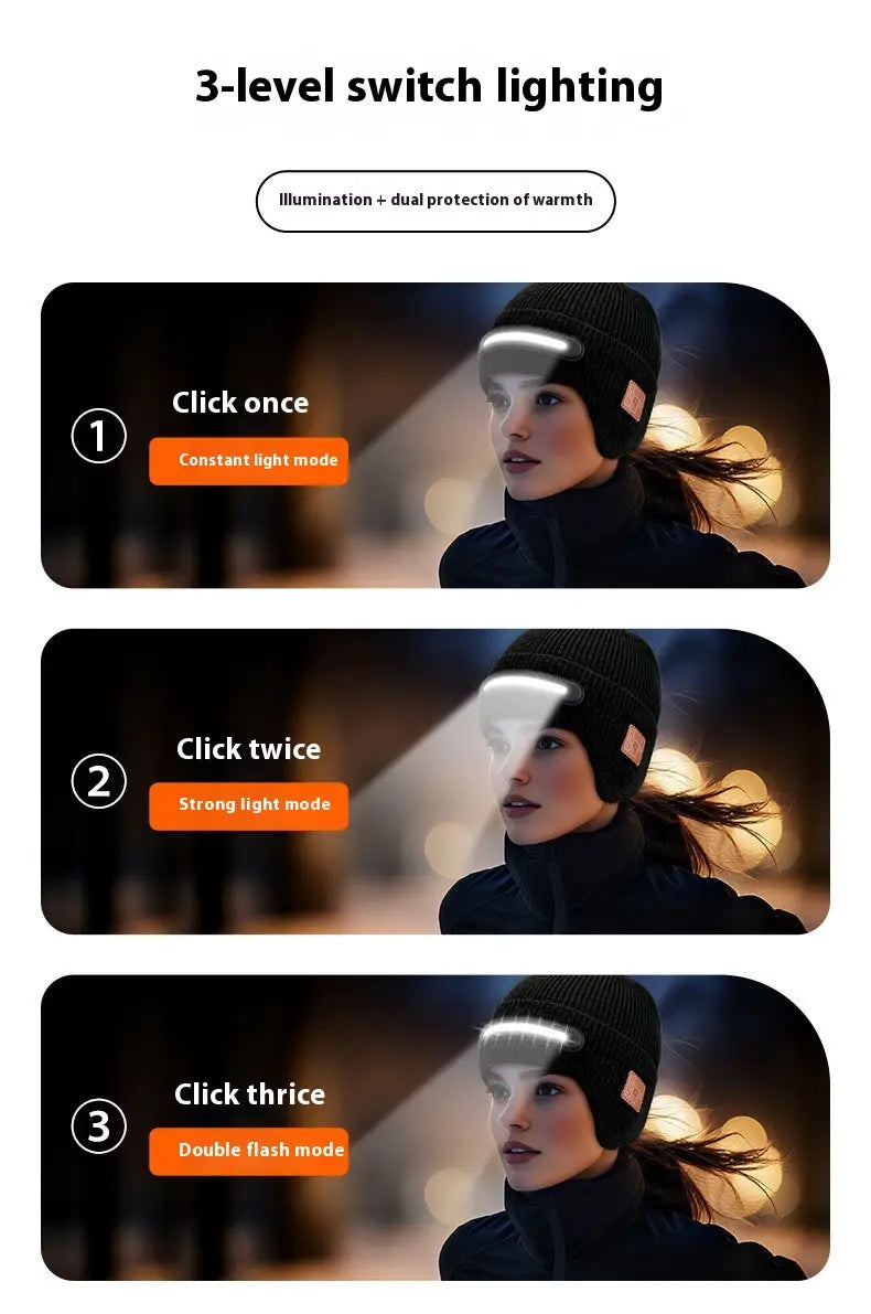 Black knit Bluetooth beanie hat with integrated LED headlamp featuring three lighting modes designed for running.