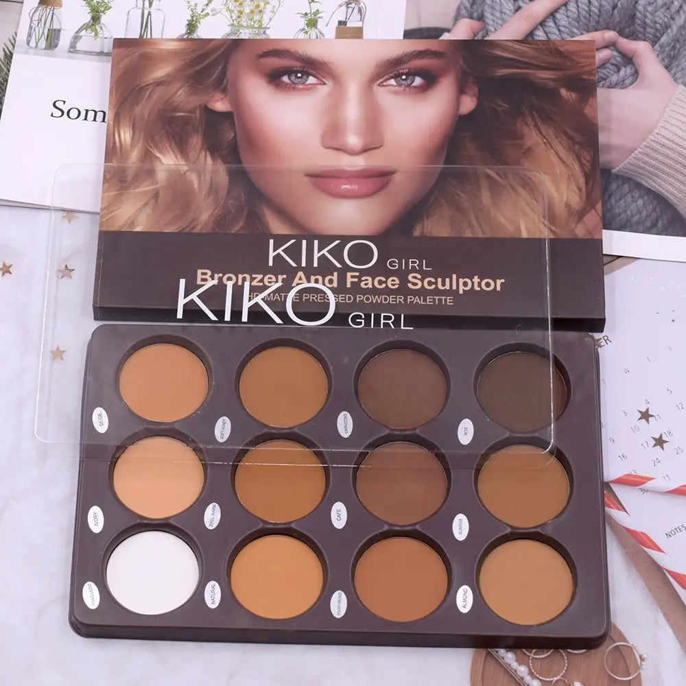 kiko girl bronzer and face sculptor 12 color contour palette matte face sculptor powder featuring twelve circular pans in various shades of brown tan and one white shade.