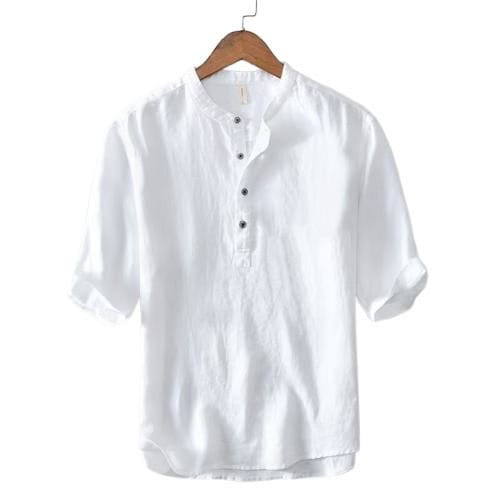 Chemise en lin blanche à manches courtes, col mandarin et boutons noirs, dans un style japonais rétro, chemise ample en lin à col mandarin.