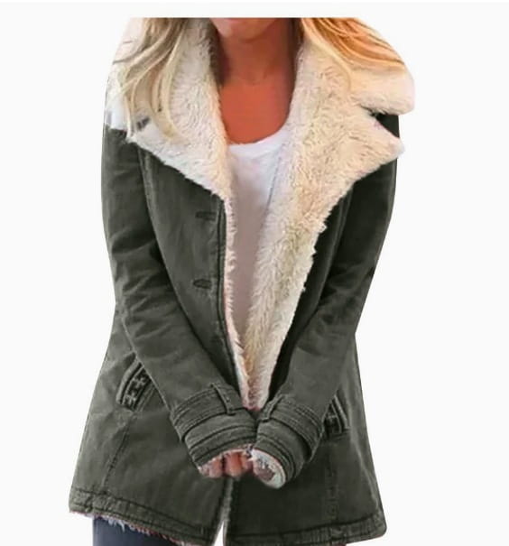 Olive green denim jacket with a plush cream-colored shearling collar and cuffs from the plush lapel cotton coat collection for women.