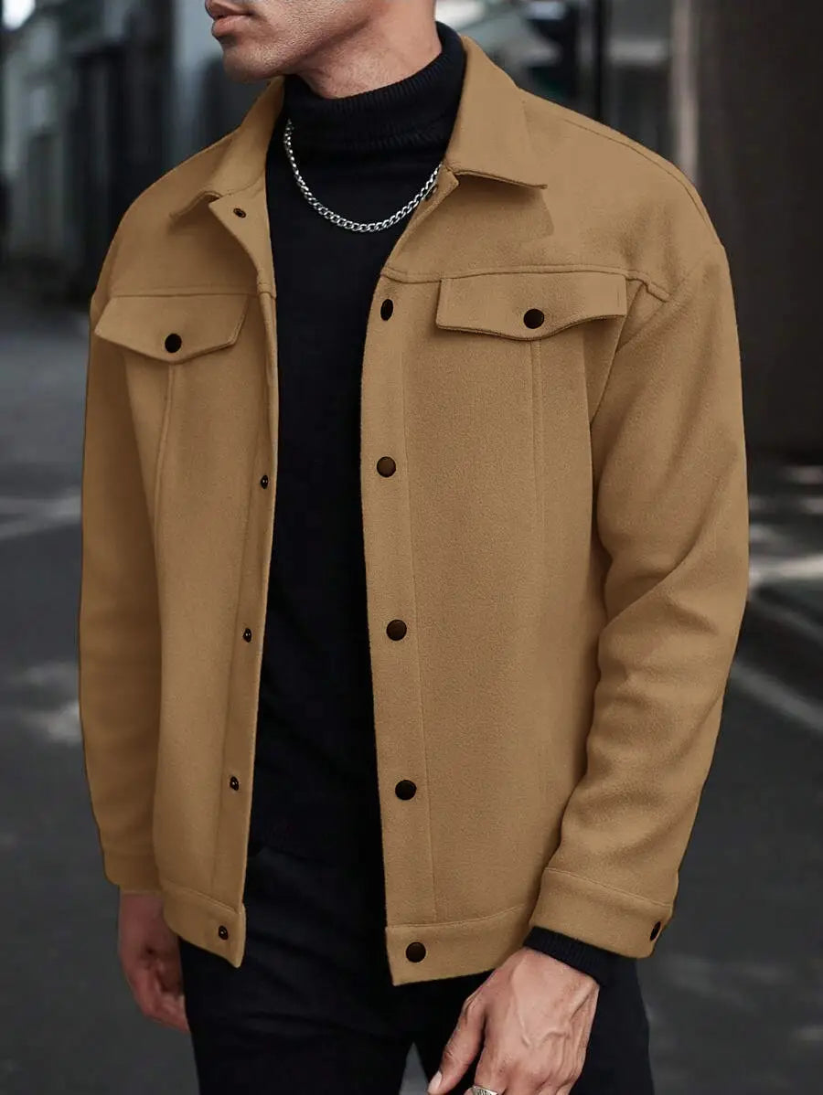 men’s classic slim fit wool blend lapel jacket in tan wool with dark brown buttons and flap pockets