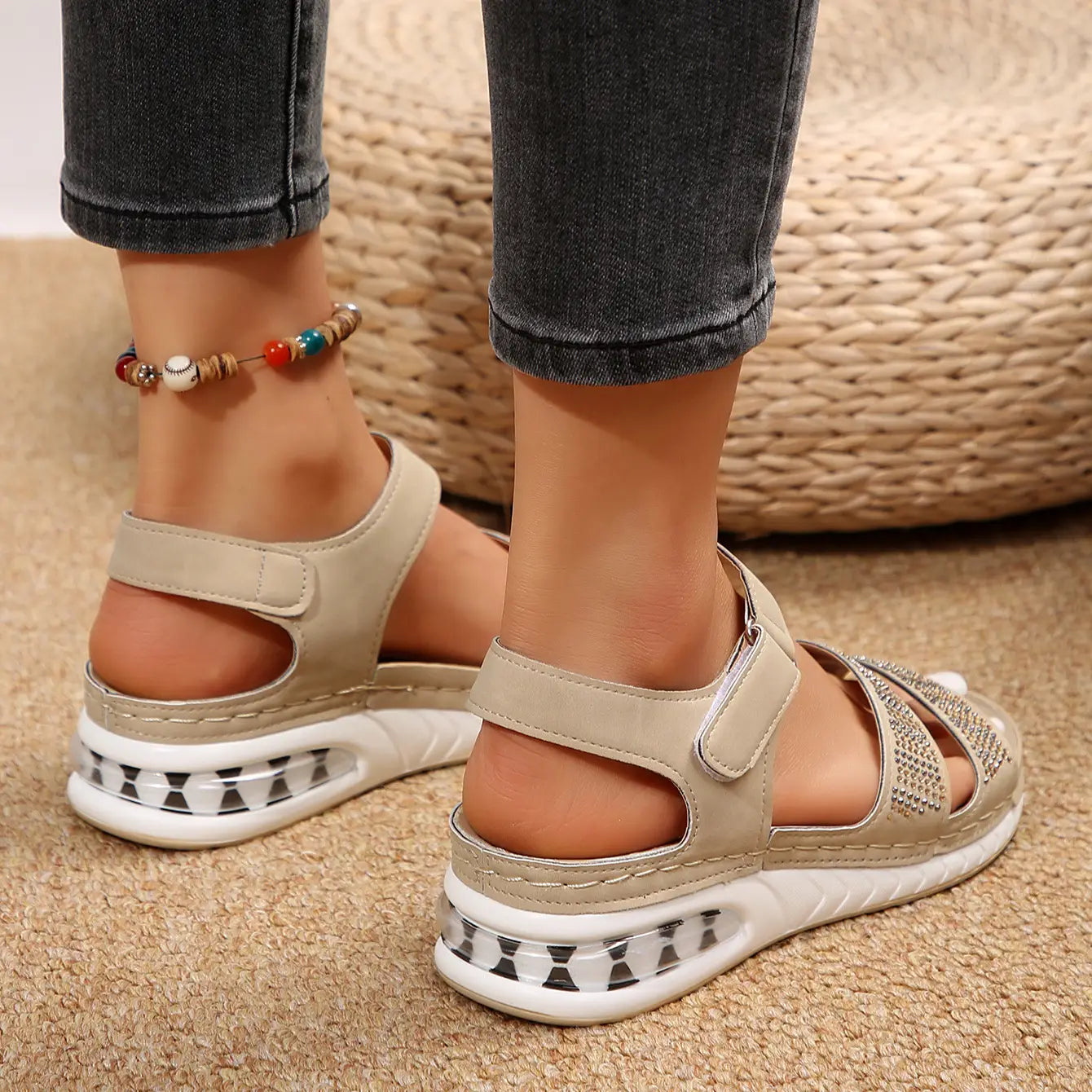 Beige women’s rhinestone strappy sandals with air cushion white cushioned wedge sole for comfortable wear