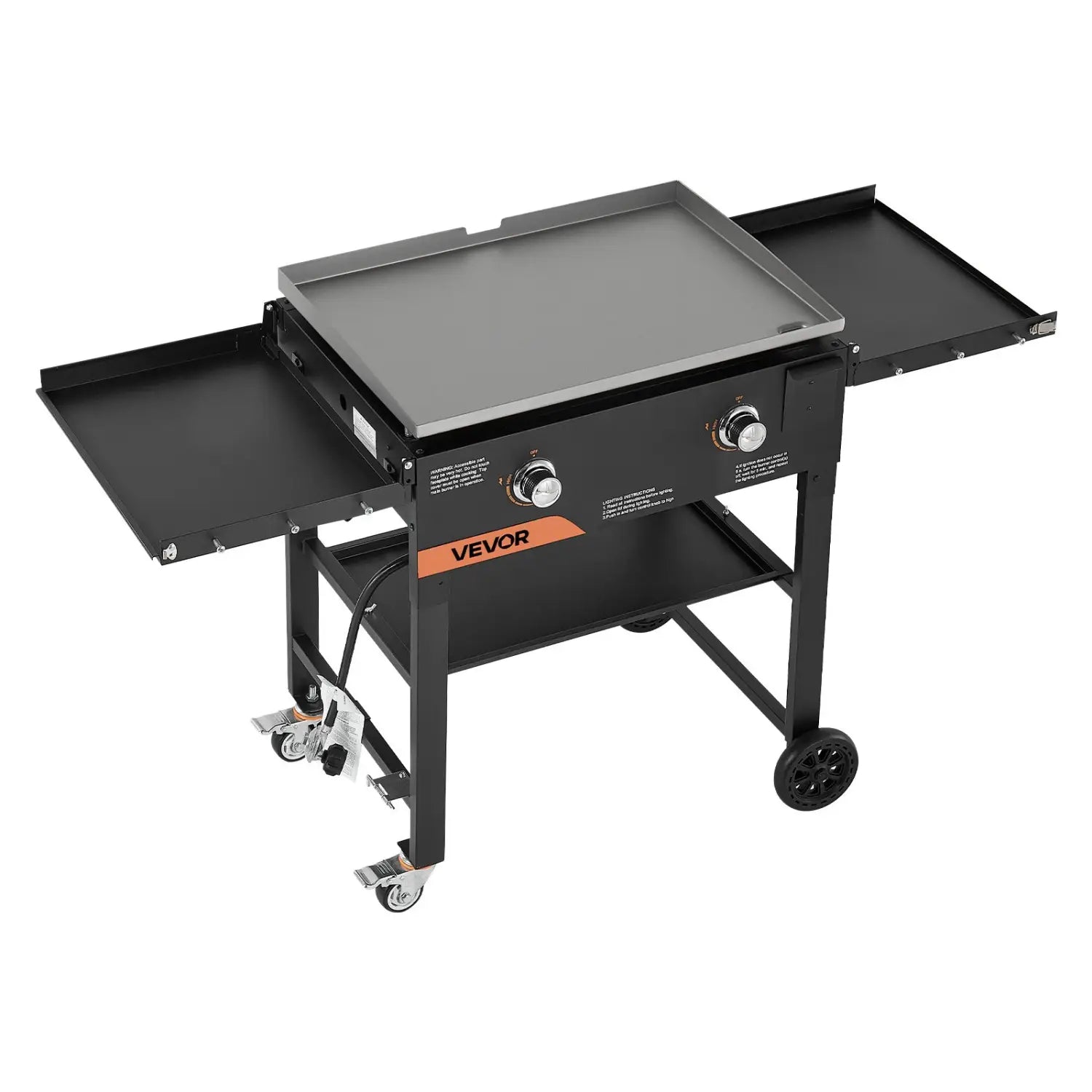 Black vevor gas griddle 28 inch with two burners foldable propane grill featuring a flat gray cooking surface and two side trays.