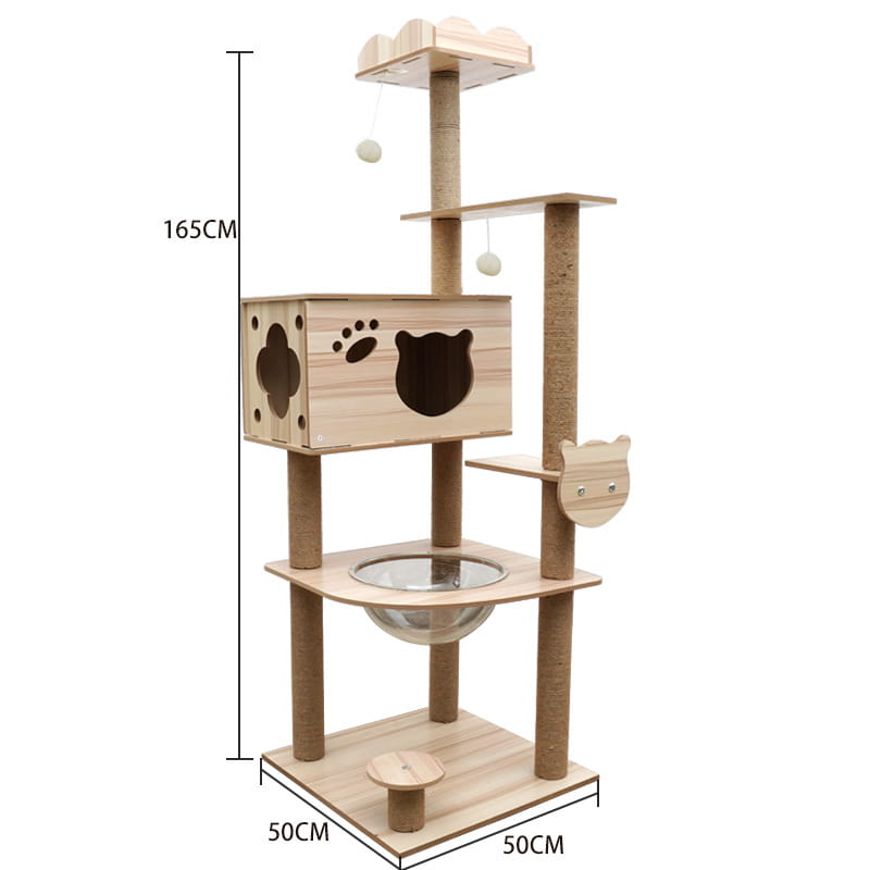A light wood wooden cat tree scratching post and condo featuring a cloud-shaped top, brown sisal rope wrapped scratching posts, and playful cutouts including paw prints and a cat face design.