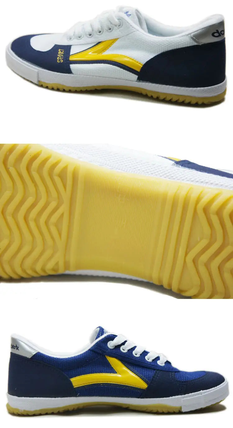 blue and yellow canvas couple sneaker with yellow lightning bolt design featuring white laces and a textured rubber sole