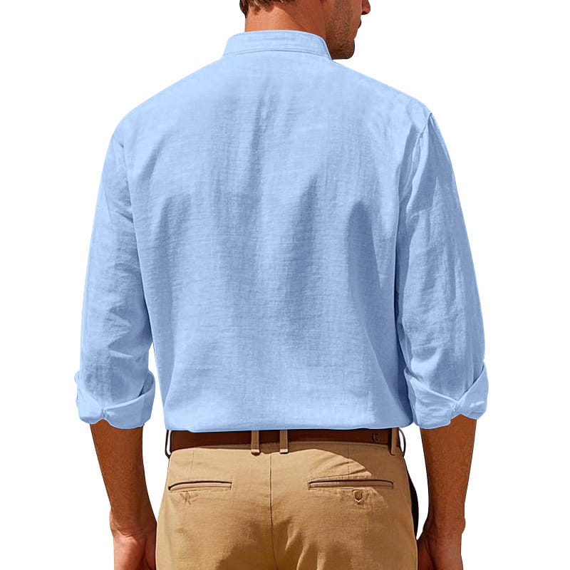 Light blue men’s casual linen stand collar long sleeve shirt with rolled-up sleeves.