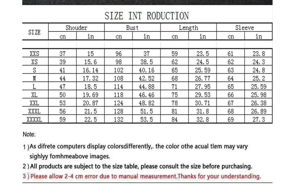 Size chart table for a royal blue velvet zip up bomber jacket showing garment measurements in centimeters and inches from XXS to XXXXL.
