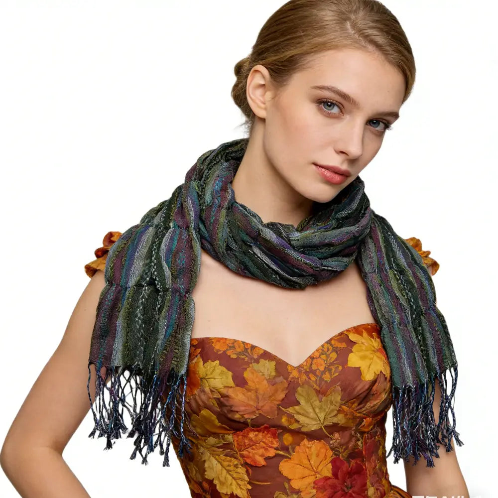 Écharpe froncée en jacquard tissé texturé d’un vert olive, présentant un motif tissé aux tons de vert, bleu et violet, avec des bords à franges.