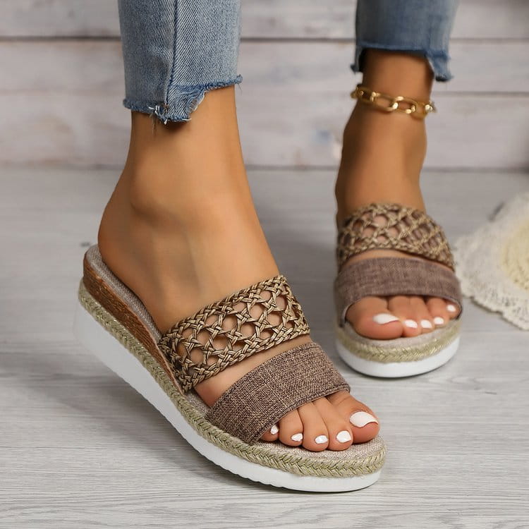 women’s mesh espadrille platform wedge sandals featuring brown woven straps with a textured fabric band and espadrille-style sole