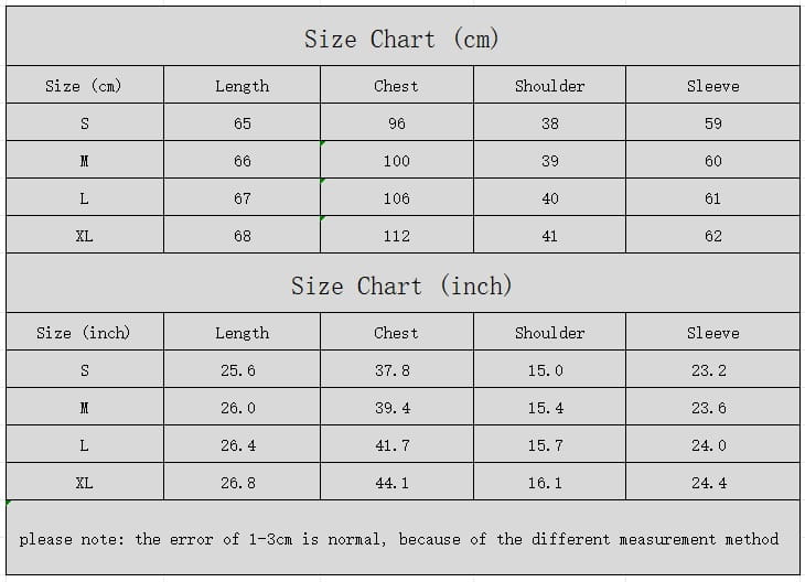 Size chart for the white satin v neck wrap blouse with black trim showing measurements in centimeters and inches for sizes S through XL.