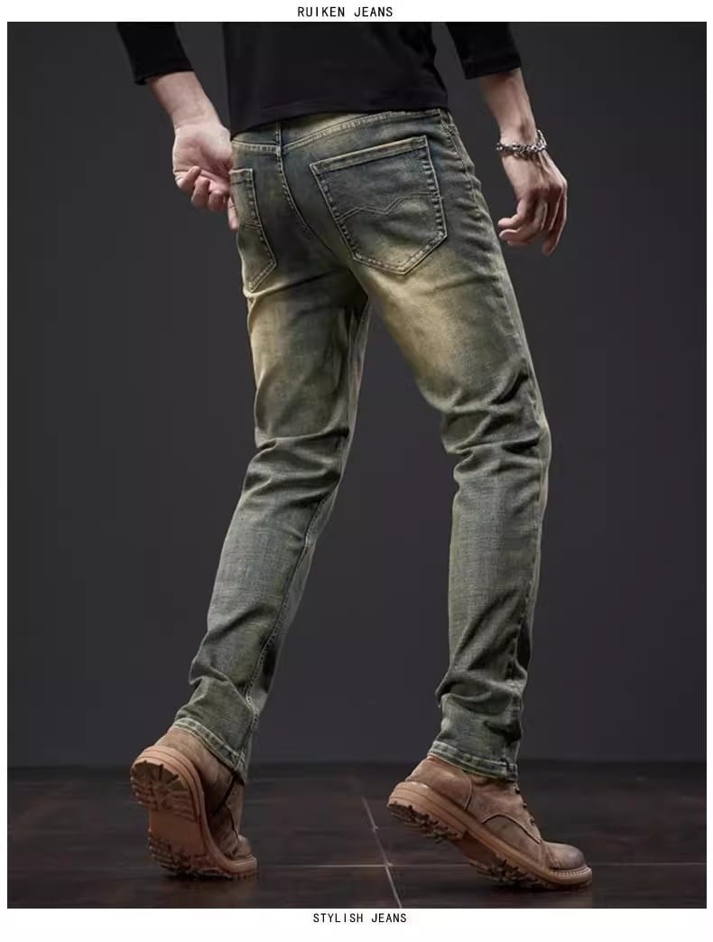 Men slim fit olive green distressed denim jeans with a faded wash made from durable denim material.