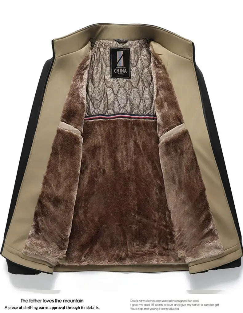 Men fleece lined winter jacket business casual in beige and black with brown faux fur lining designed for warmth and style.
