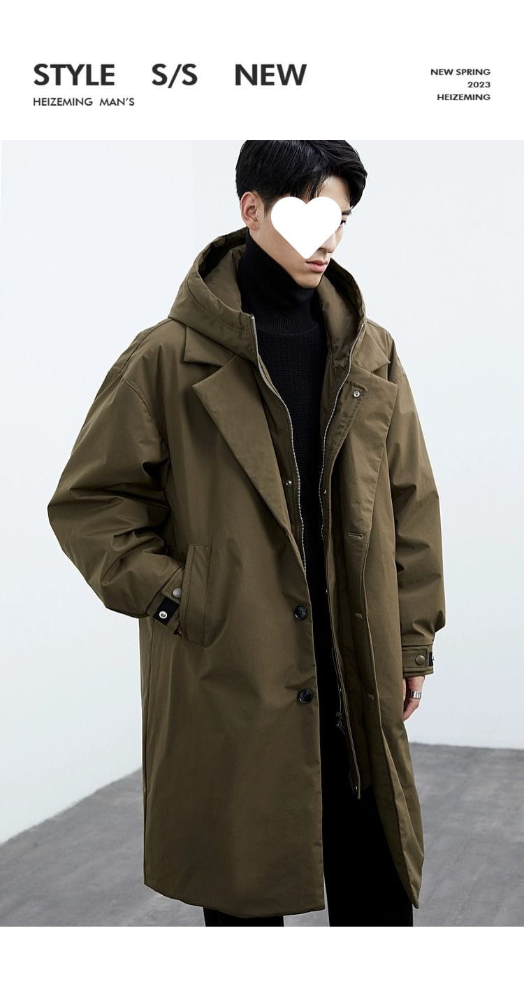 Men hooded trench coat in olive green featuring button closures and adjustable cuffs for winter wear.