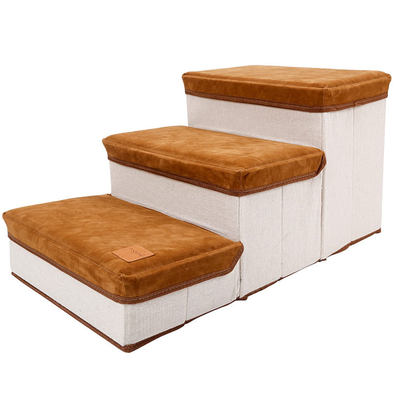 Foldable dog stairs plush pet steps with brown suede top white canvas body and tan leather trim supporting up to 25kg.