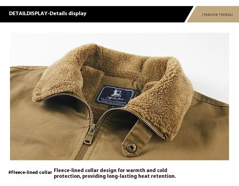 Men cotton shearling bomber jacket featuring a tan fleece-lined collar with a soft plush interior and a sturdy zipper closure.