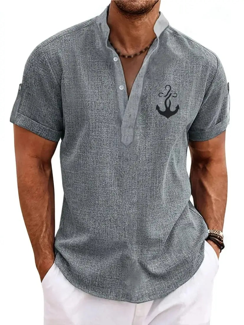 Men embroidered short sleeve polo shirt in gray textured fabric with a black embroidered anchor on the left chest.
