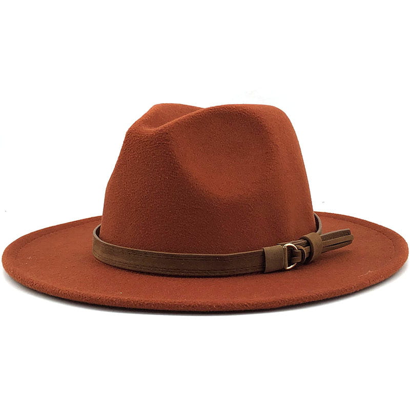 A rust-colored wool fedora hat with a brown leather belt and buckle around the crown.