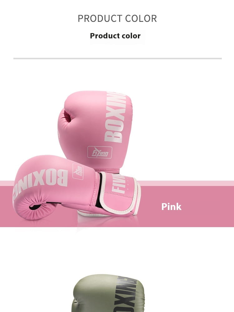 Damen-Rosa-Boxhandschuhe mit weißer Beschriftung und Einfassung, ausgelegt für Training und Sanda-Kampfausrüstung.