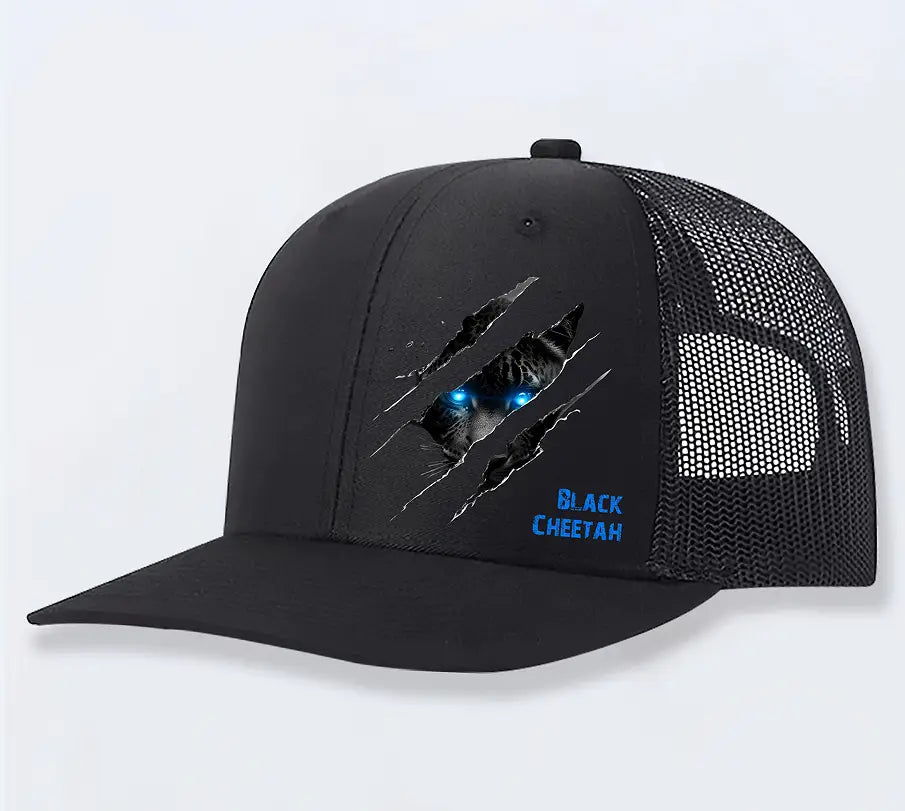 Black trucker hat made of polyester featuring a graphic of a black cheetah with glowing blue eyes peeking through torn fabric and matching blue black cheetah text for casual wear.