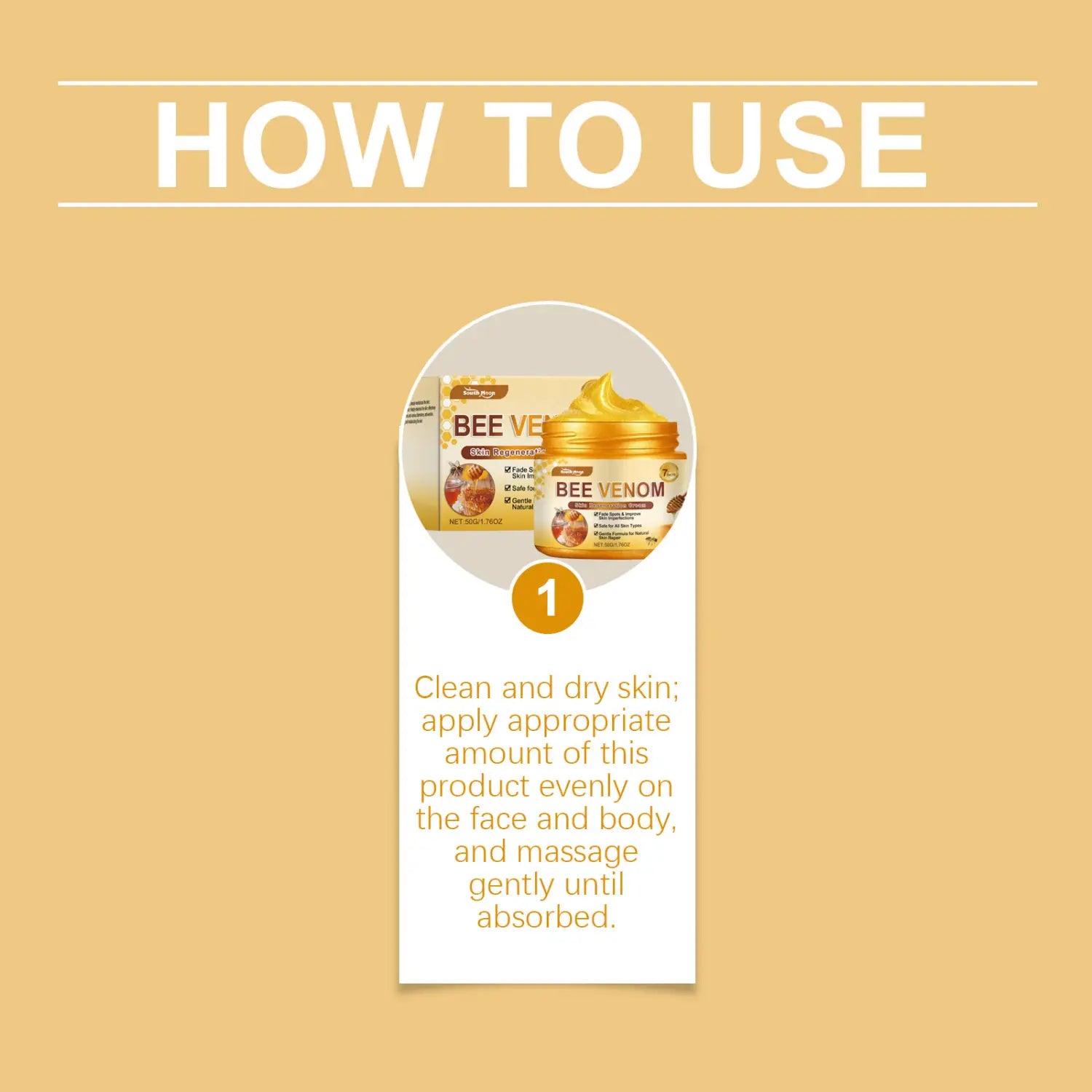 A gold-colored jar of bee venom skin regeneration cream for neck and face with a matching box beside it.