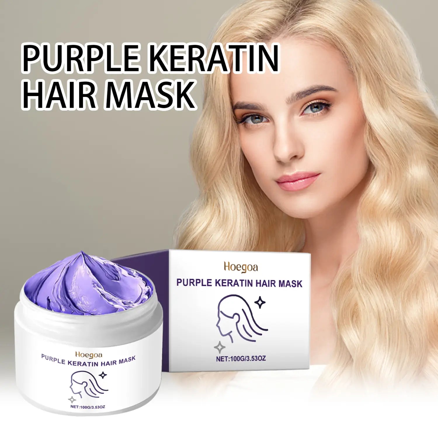 Mascarilla capilar de queratina morada para cabello seco y encrespado en un frasco blanco con una caja a juego que presenta el nombre de la marca hoegoa y un peso neto de 100 g (3,53 oz).