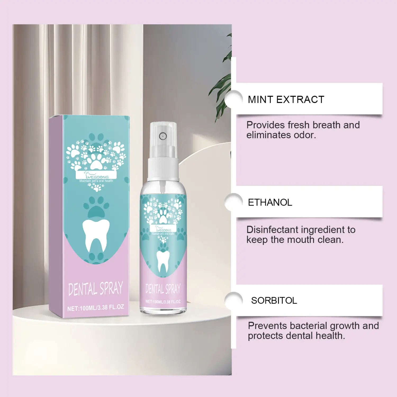 Un flacon de spray dentaire pour animaux de compagnie en plastique transparent, avec un embout blanc et une étiquette rose, présentant un motif de dent, affiché à côté de son emballage assorti turquoise et violet, à des fins de soin buccal et de rafraîchissement de l’haleine.