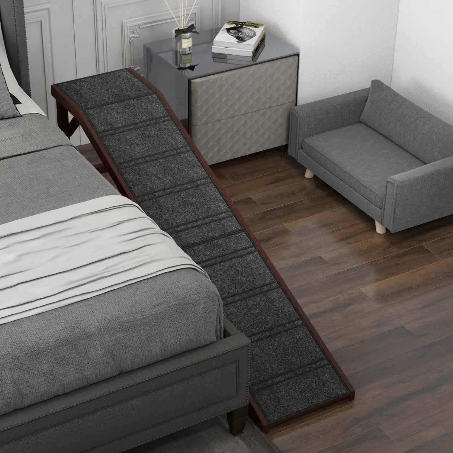 dark gray textured non slip pet ramp with a wooden frame designed as a wooden dog ramp with stairs and platform for easy pet access
